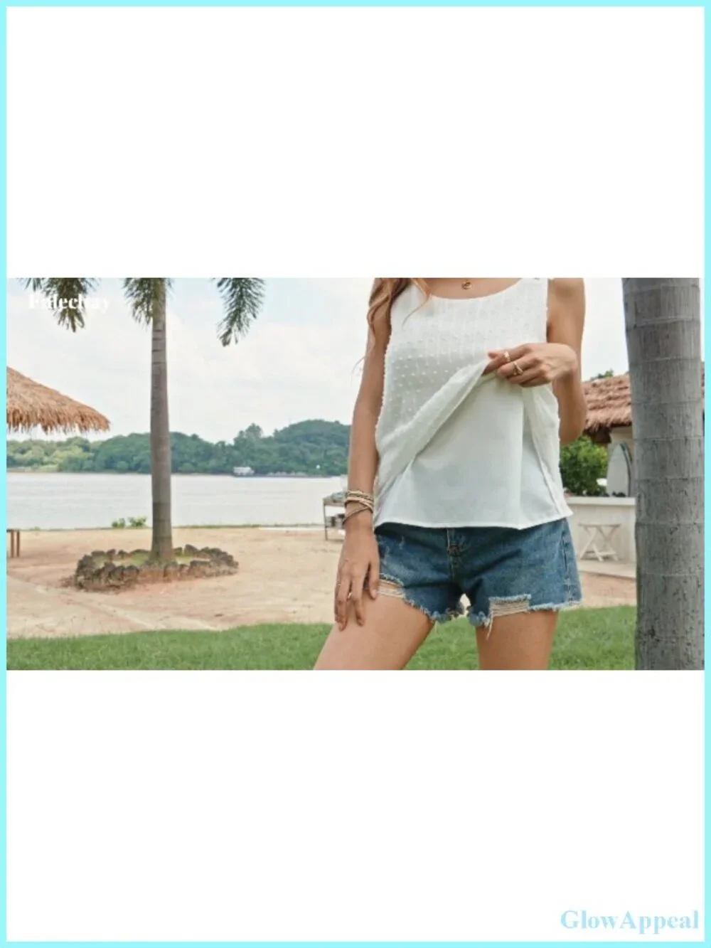 Sleeveless Crewneck Tank Top with Lace Trim and Swiss Dot Design